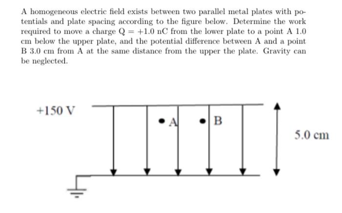 Solved A homogeneous electric field exists between two | Chegg.com