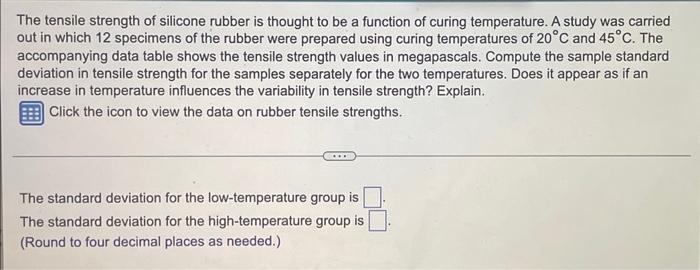 The tensile strength of silicone rubber is thought to be a function of curing temperature. A study was carried
out in which 1