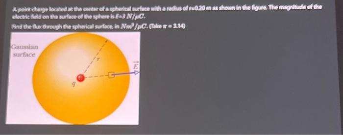 electic field on the surfoce of the sphere \( \mathrm{s} E=3 \mathrm{~N} / / \mathrm{C} \). Find the fur through the spherica