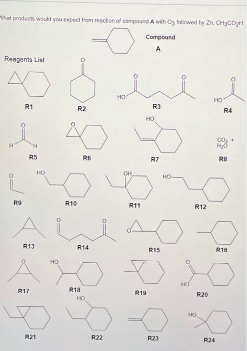 What products would you expect from reaction of compound A with O3 followed by Zn, CH3CO?H
Compound
A
Reagents List
40
R1
H
R