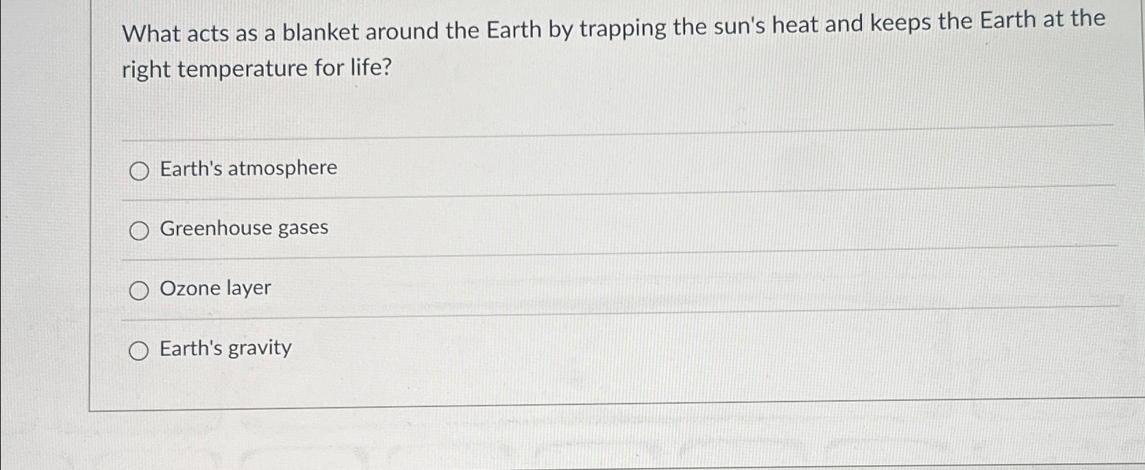 Solved What acts as a blanket around the Earth by trapping