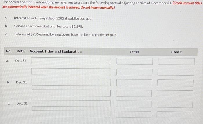Solved The bookkeeper for Ivanhoe Company asks you to | Chegg.com