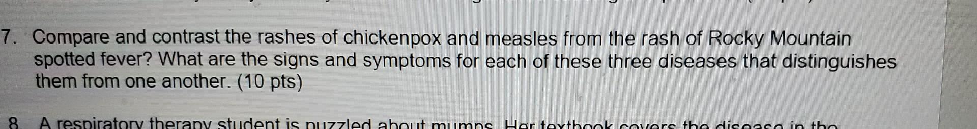 Compare and contrast the rashes of chickenpox and measles from the rash of Rocky Mountain spotted fever? What are the signs a