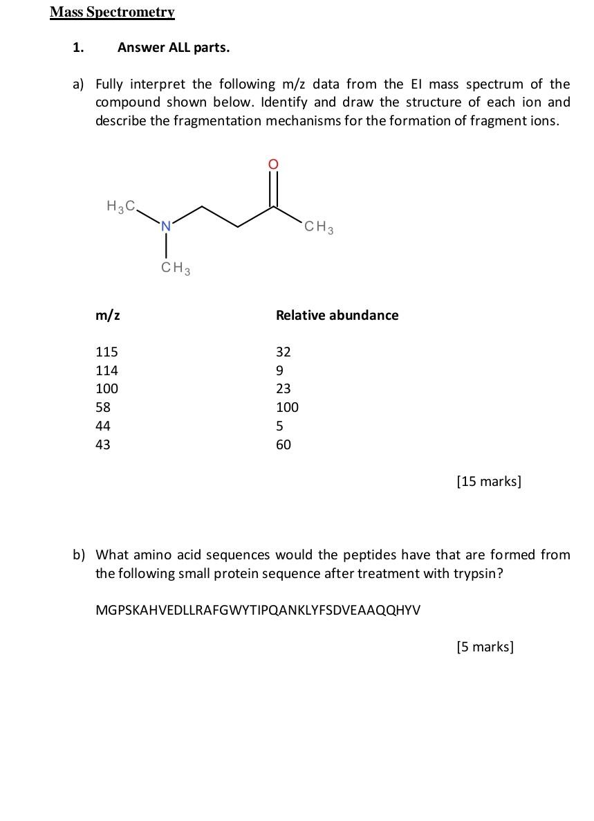 Solved Mass Spectrometry 1 Answer All Parts A Fully