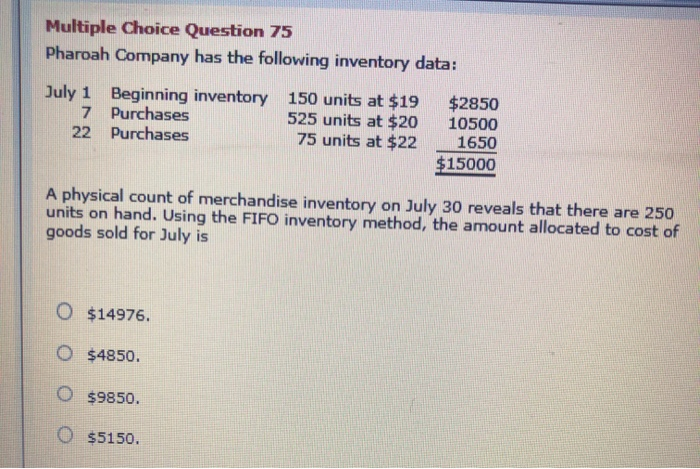Solved Multiple Choice Question 75 Pharoah Company has the | Chegg.com