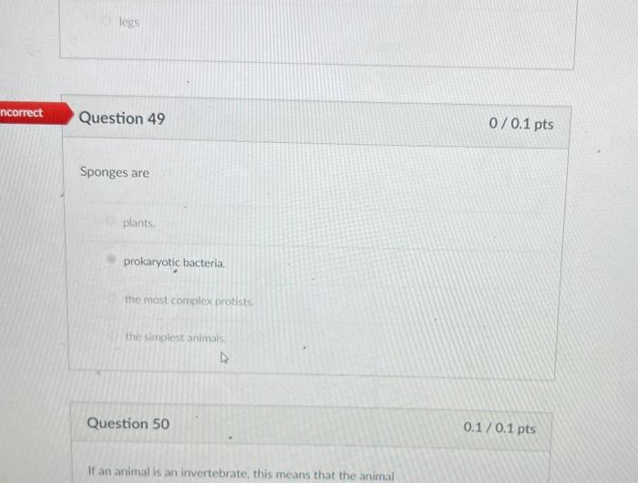 Solved Question 49 0/0.1 pts Sponges are plants. prokaryotic