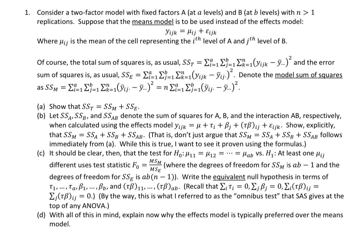 Solved Consider a two-factor model with fixed factors A (at | Chegg.com