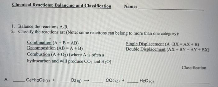 Solved Chemical Reactions: Balancing and Classification | Chegg.com