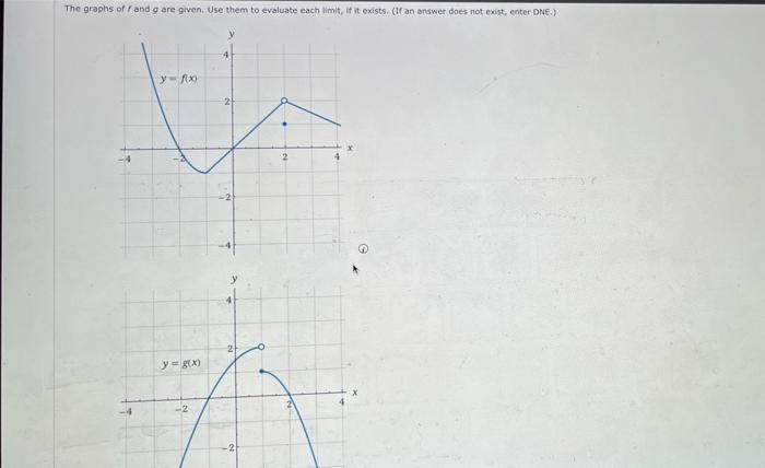 The graphs of f and \( g \) are given. Use them to evaluate each limit, if it exists, (If an answer does not exist, enter Dre