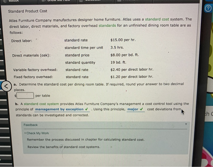 Solved Standard Product Cost Atlas Furniture Company | Chegg.com