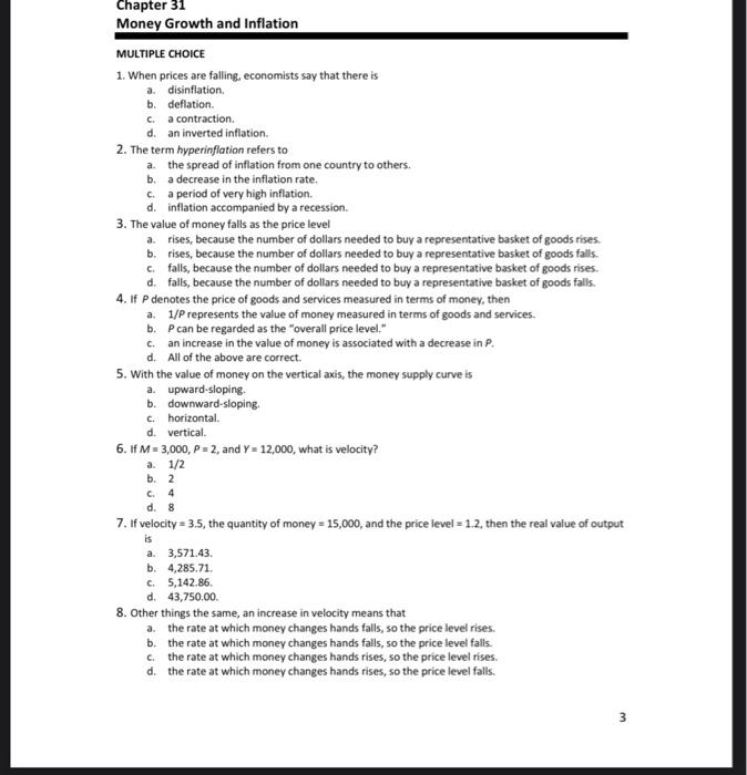 Solved Chapter 31 Money Growth and Inflation MULTIPLE CHOICE | Chegg.com