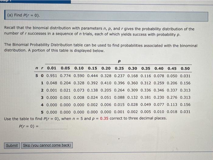 Solved (a) Find P(r = 0). Recall that the binomial | Chegg.com