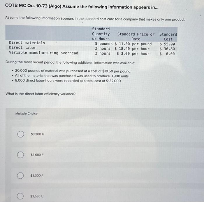 Solved COTB MC Qu. 10-73 (Algo) Assume The Following | Chegg.com