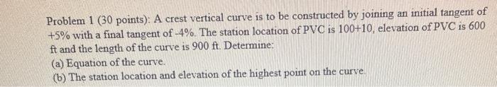 Solved Problem 1 (30 points): A crest vertical curve is to | Chegg.com