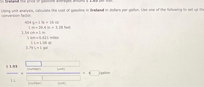 Solved Using unit analysis, calculate the cost of gasoline | Chegg.com