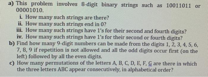 Solved a) This problem involves 8-digit binary strings such | Chegg.com