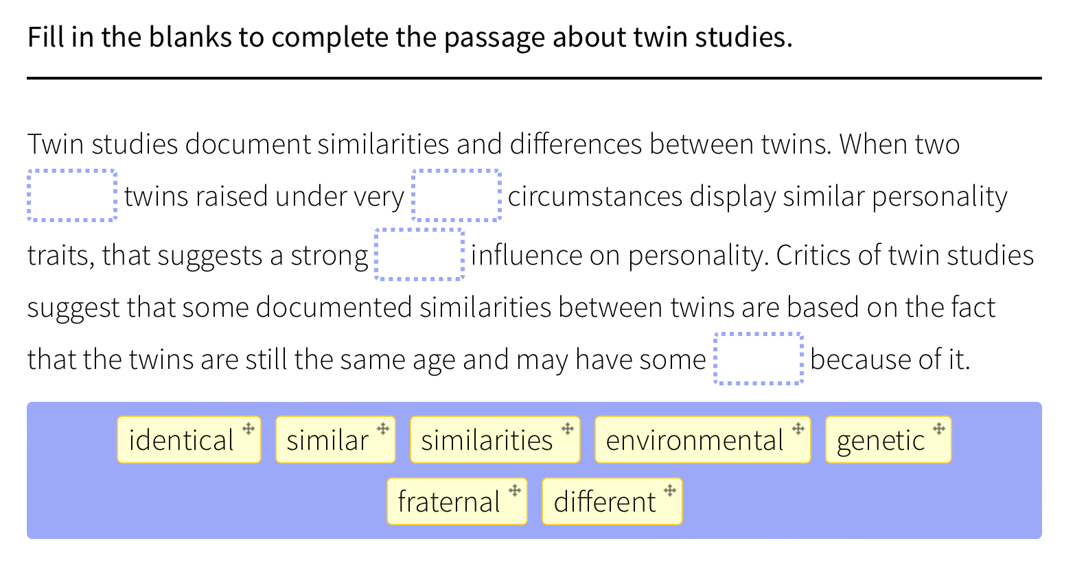 Solved Fill in the blanks to complete the passage about twin | Chegg.com