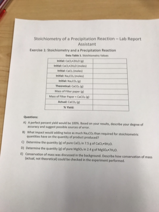 Stoichiometry Of A Precipitation Reaction Lab Chegg 