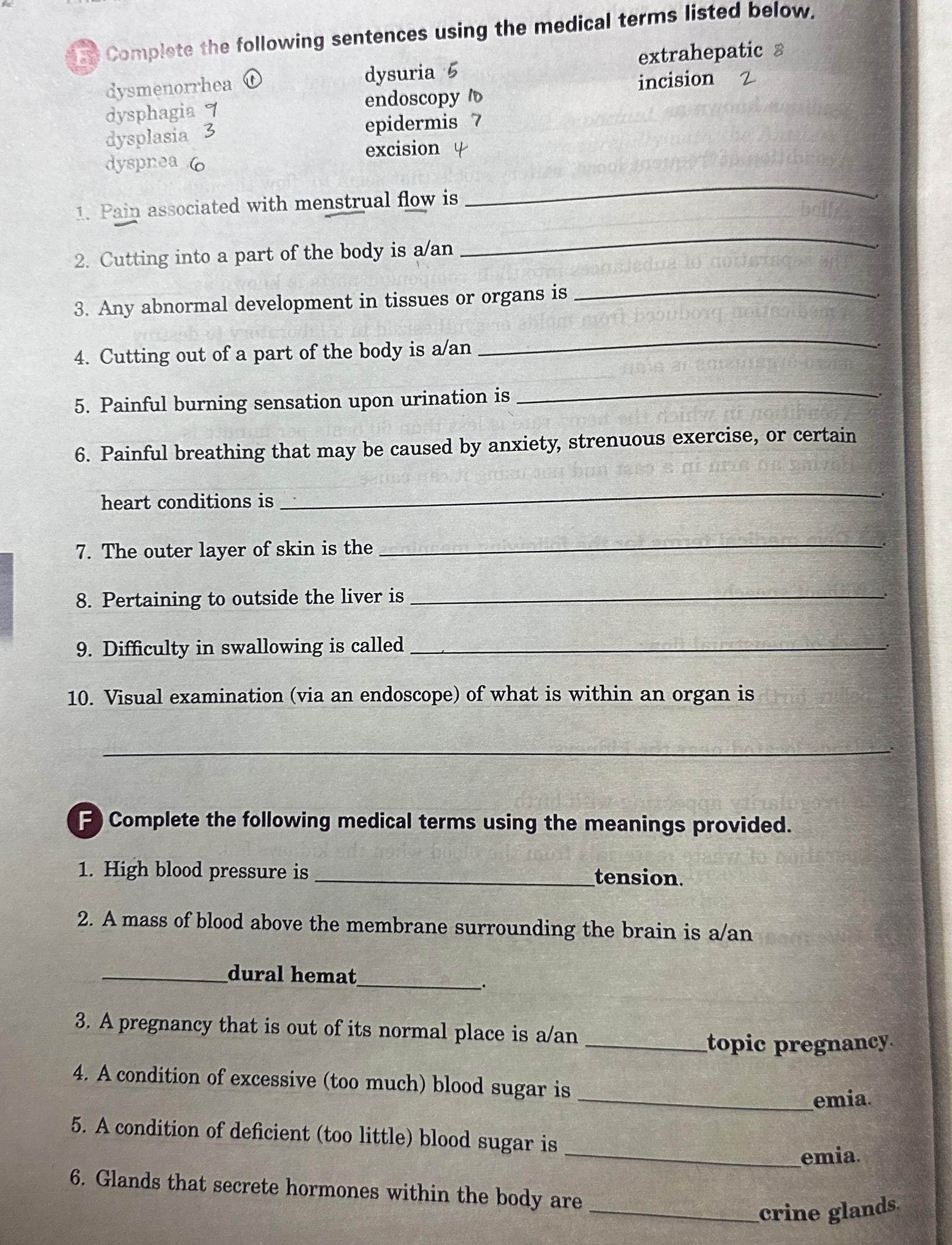 Solved Complete the following sentences using the medical | Chegg.com