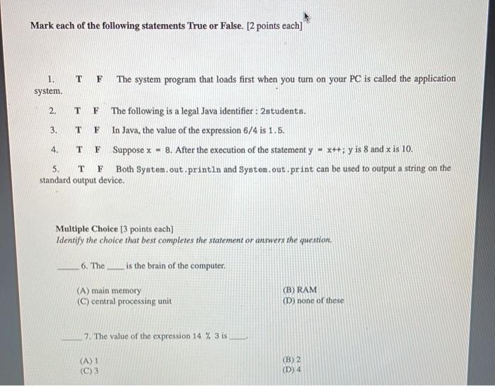 Solved Mark each of the following statements True or False. | Chegg.com