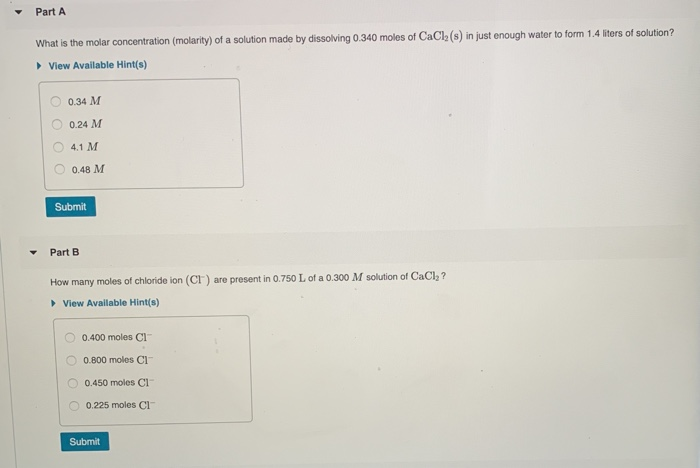 Solved Part A What is the molar concentration (molarity) of | Chegg.com