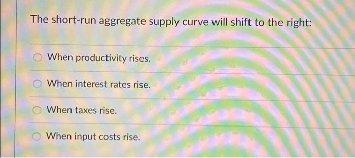 The short-run aggregate supply curve will shift to the right:
When productivity rises.
When interest rates rise.
When taxes r