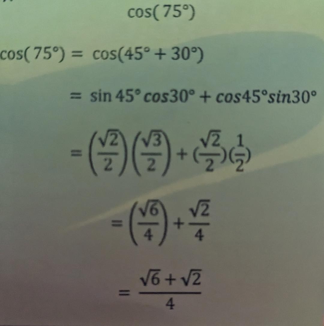 find the value of cos 75 deg