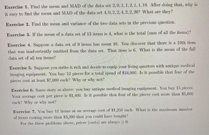 Solved Exercise 1. Find the mean and MAD of the data set | Chegg.com