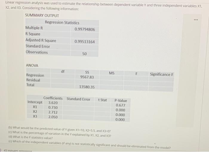 Solved Linear regression analysis was used to estimate the | Chegg.com