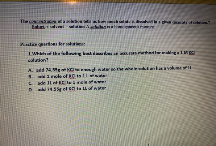 Solved The concentration of a solution tells us how much | Chegg.com