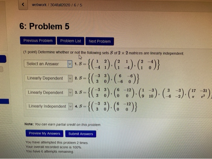 Solved webwork / 304fa||2020 / 6 / 5 6: Problem 5 Previous | Chegg.com