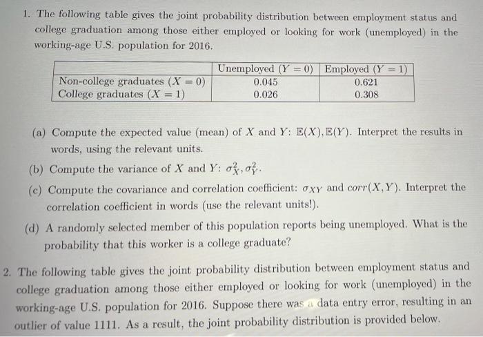 Solved 1. The following table gives the joint probability | Chegg.com