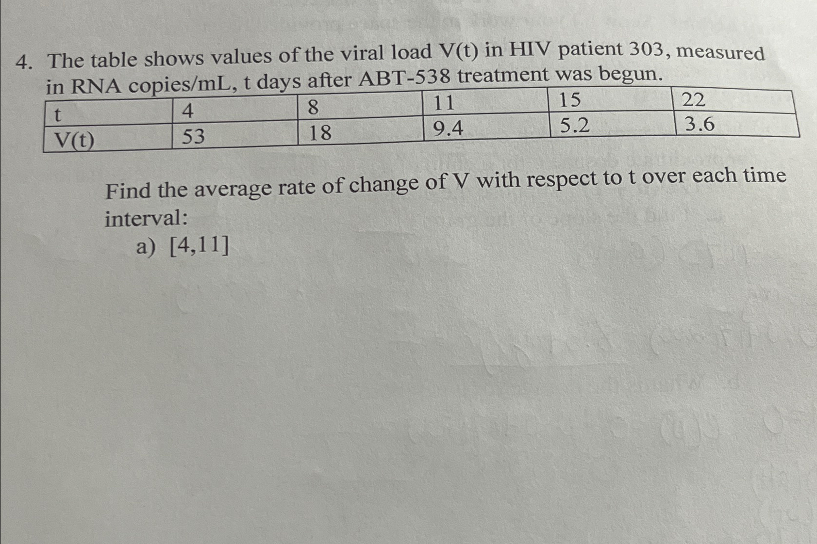 Solved The table shows values of the viral load V(t) ﻿in HIV | Chegg.com