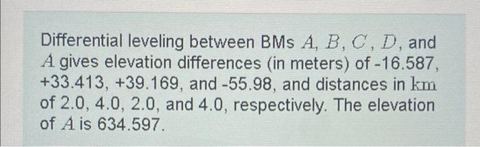 Solved Differential Leveling Between BMs A, B, C, D, And A | Chegg.com