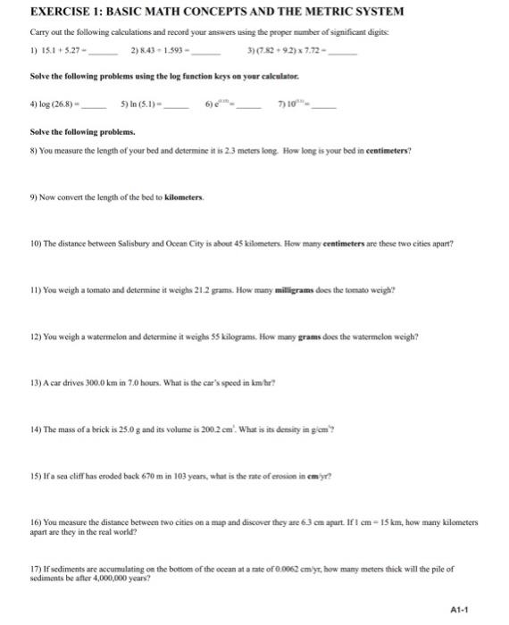 Solved EXERCISE 1: BASIC MATH CONCEPTS AND THE METRIC SYSTEM | Chegg.com