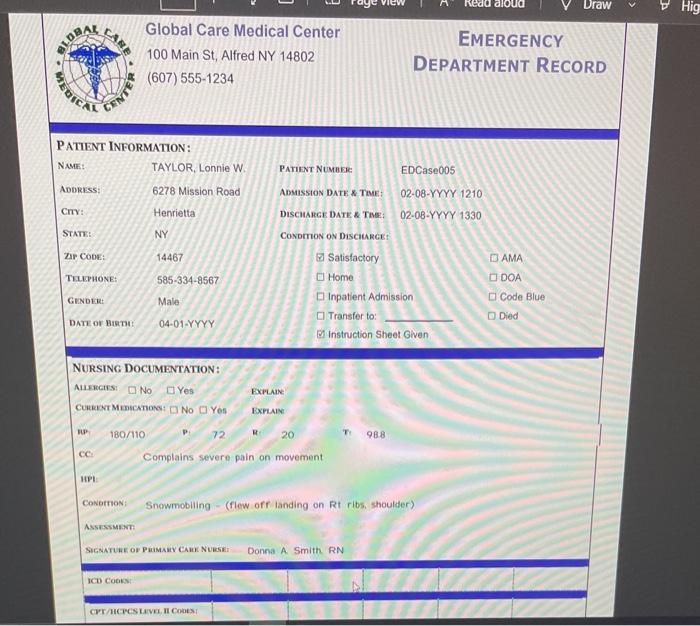 aloud Draw Hig CARE ELDRA Global Care Medical Center 100 Main St, Alfred NY 14802 (607)555-1234 EMERGENCY DEPARTMENT RECORD