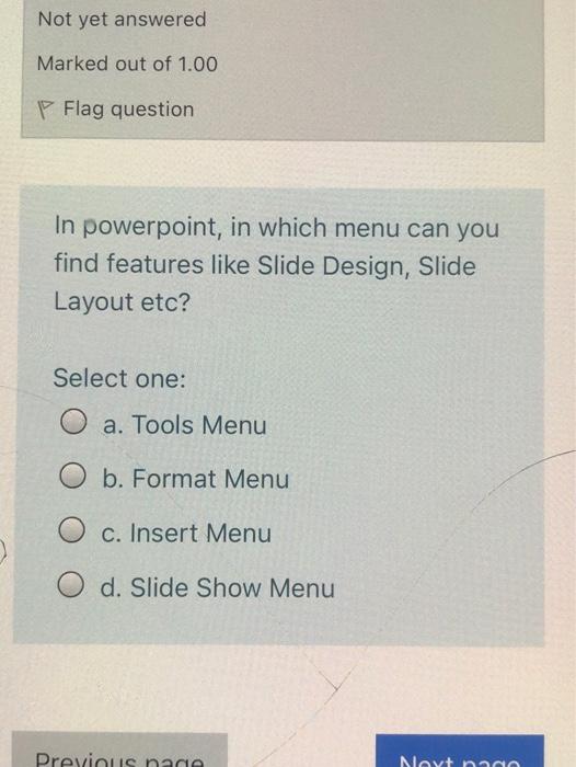Solved Not yet answered Marked out of 1.00 P Flag question