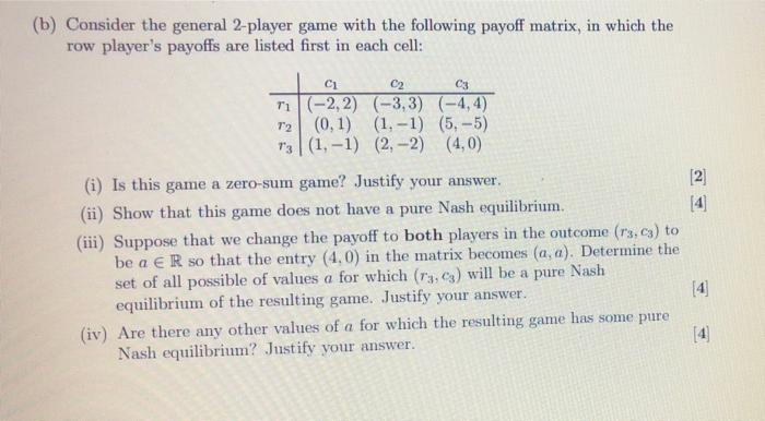 Solved (b) Consider the general 2-player game with the | Chegg.com