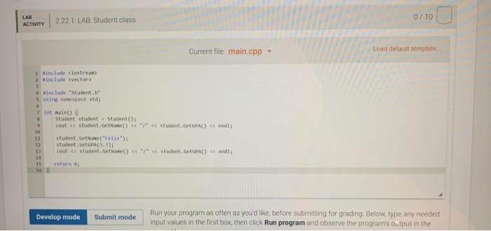 Solved 2.22 LAB: Student class In the Student.cpp file and | Chegg.com