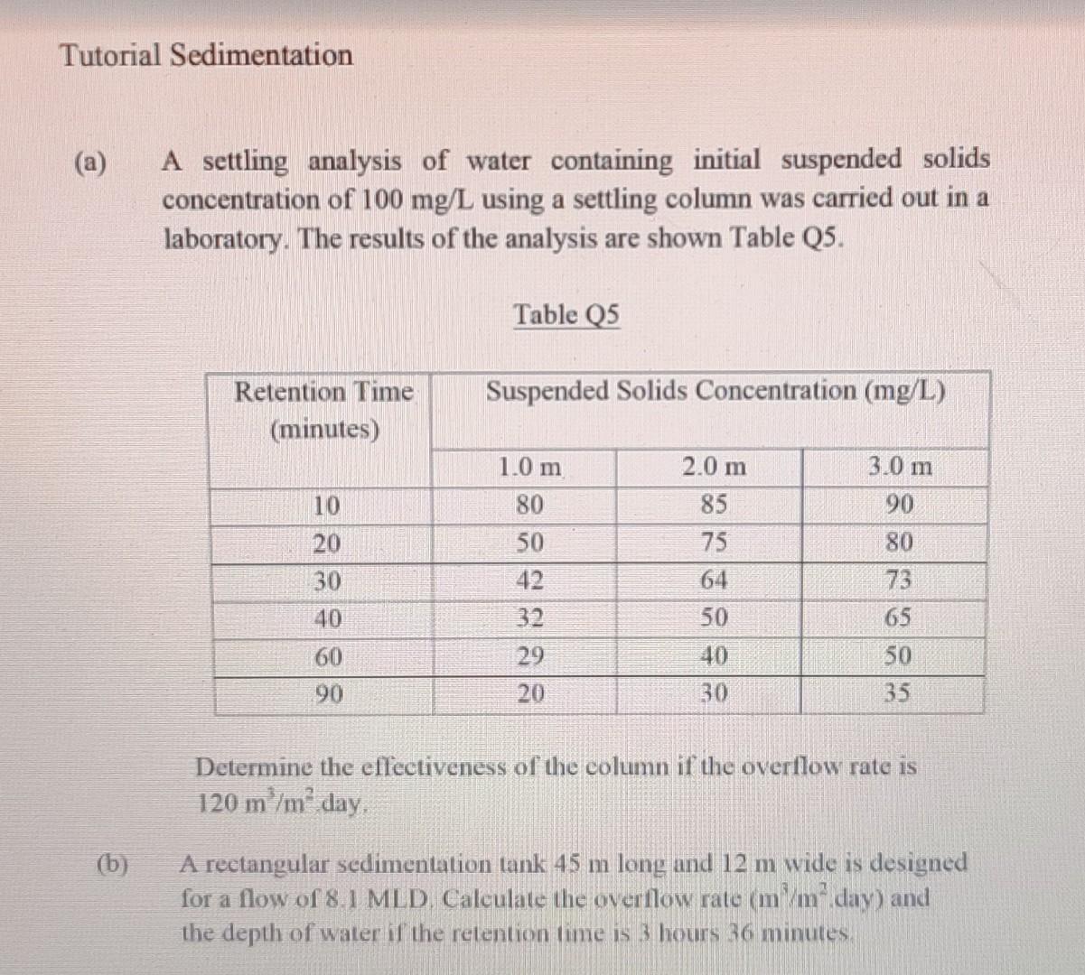 Solved Tutorial Sedimentation (b) A Settling Analysis Of | Chegg.com