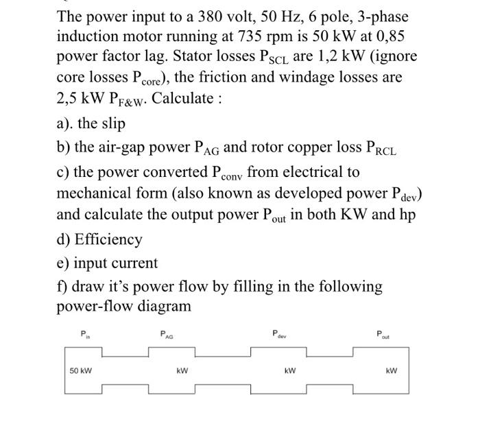 Solved The power input to a 380 volt, 50 Hz, 6 pole, 3-phase | Chegg.com