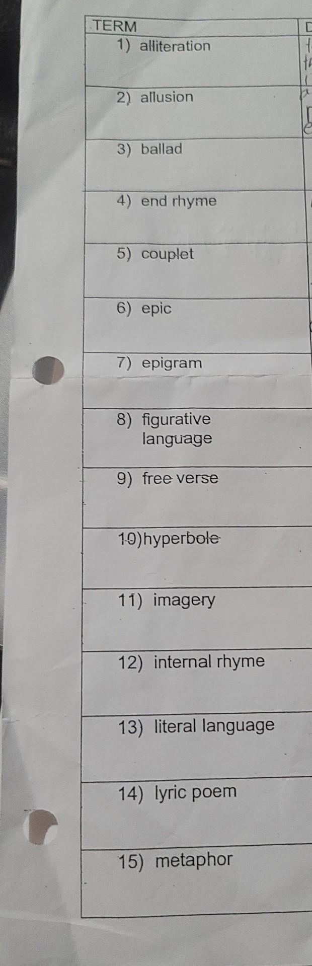 Term 1 Alliteration 2 Allusion 3 Ballad 4 End Chegg Com