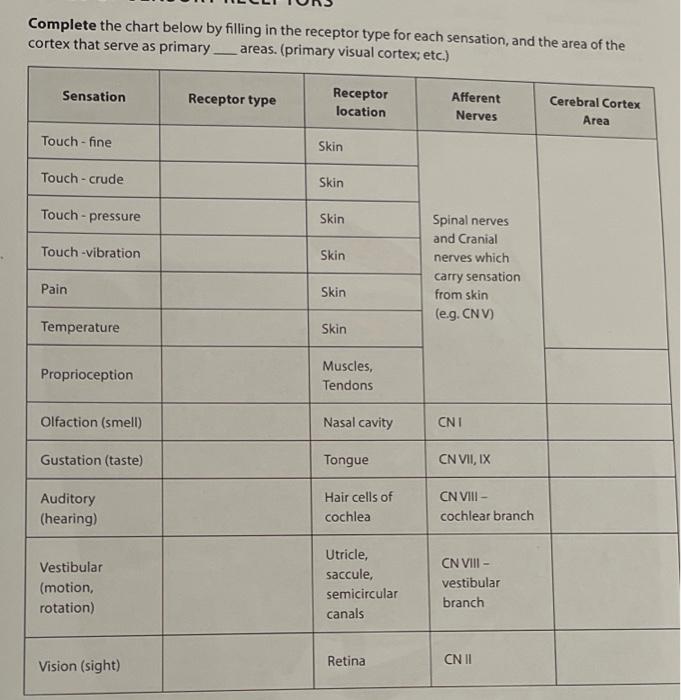 Solved Complete the chart below by filling in the receptor | Chegg.com