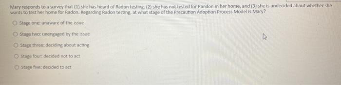 Mary responds to a survey that (1) she has heard of Radon testing (2) she has not tested for Randon in her home, and (3) she