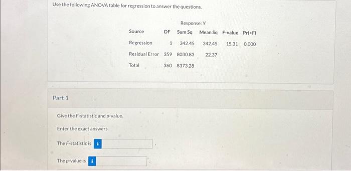 Solved Use the following ANOVA table for regression to | Chegg.com