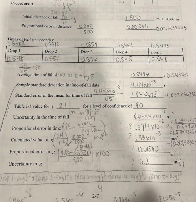 Procedure A. Initial distance of fall T214H=gT2 | Chegg.com