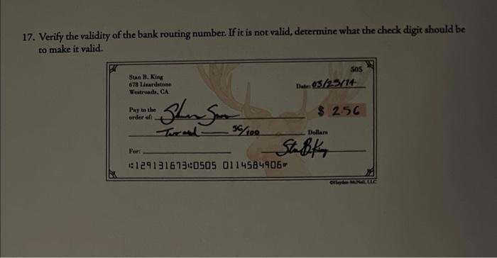 Solved 17. Verify the validity of the bank routing number. | Chegg.com