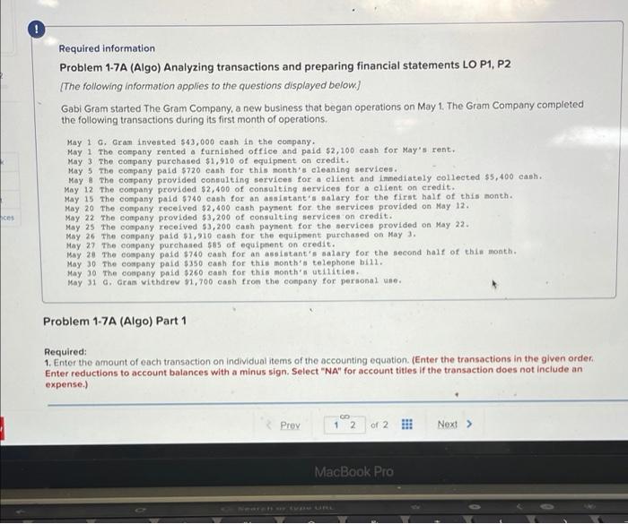 Solved Required information Problem 1-7A (Algo) Analyzing | Chegg.com