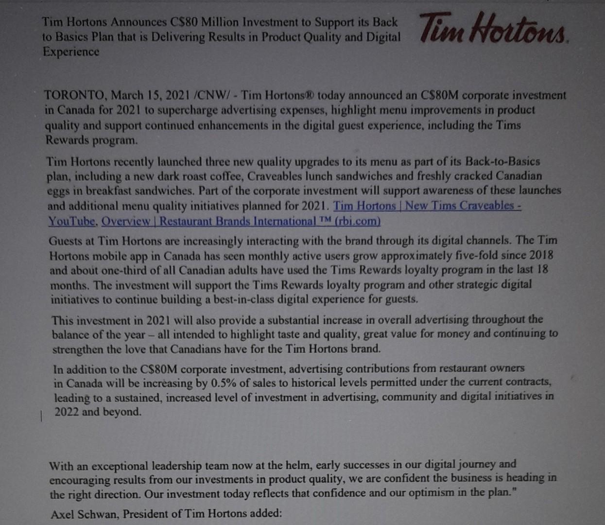 Tim Hortons Announces $80 Million Digital Investment