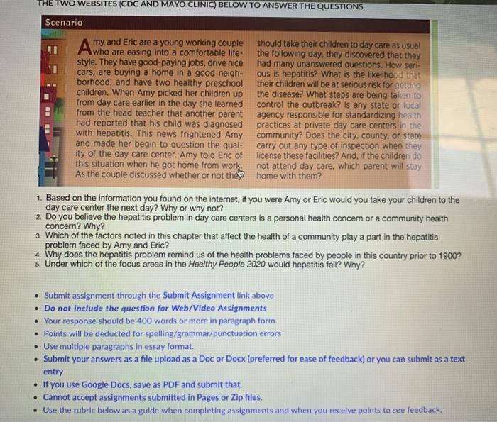 THE TWO WEBSITES (CDC AND MAYO CLINIC) BELOW TO ANSWER THE QUESTIONS. Scenario . my and Eric are a young working couple shoul